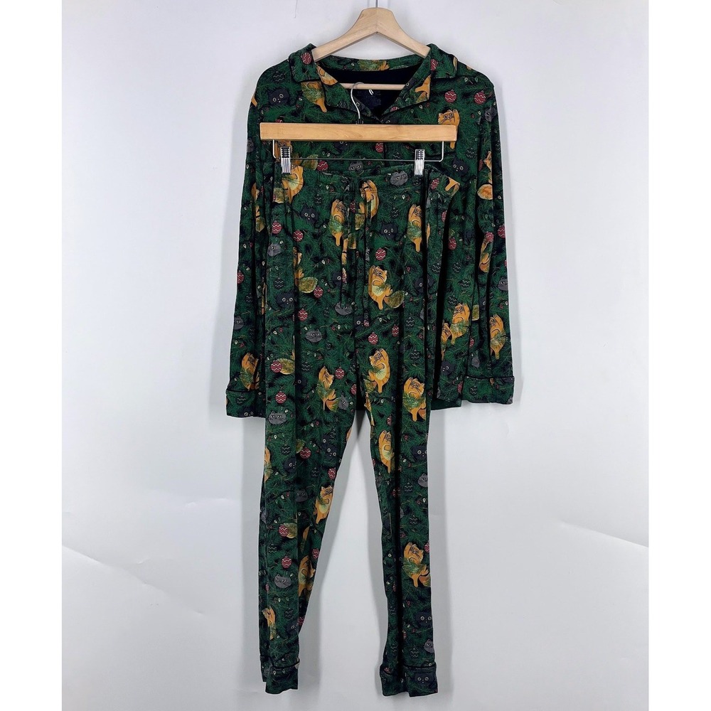 MeUndies Womens Christmas Cat Pajama Set Green MicroModal Button Down Joggers S